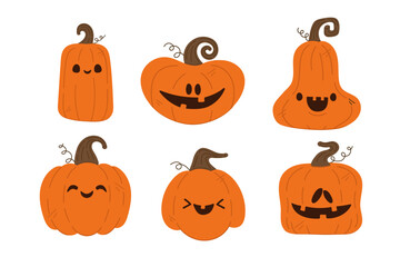 Set of cute Halloween pumpkins, Jack o'lantern. Vector illustration in flat style for your design.