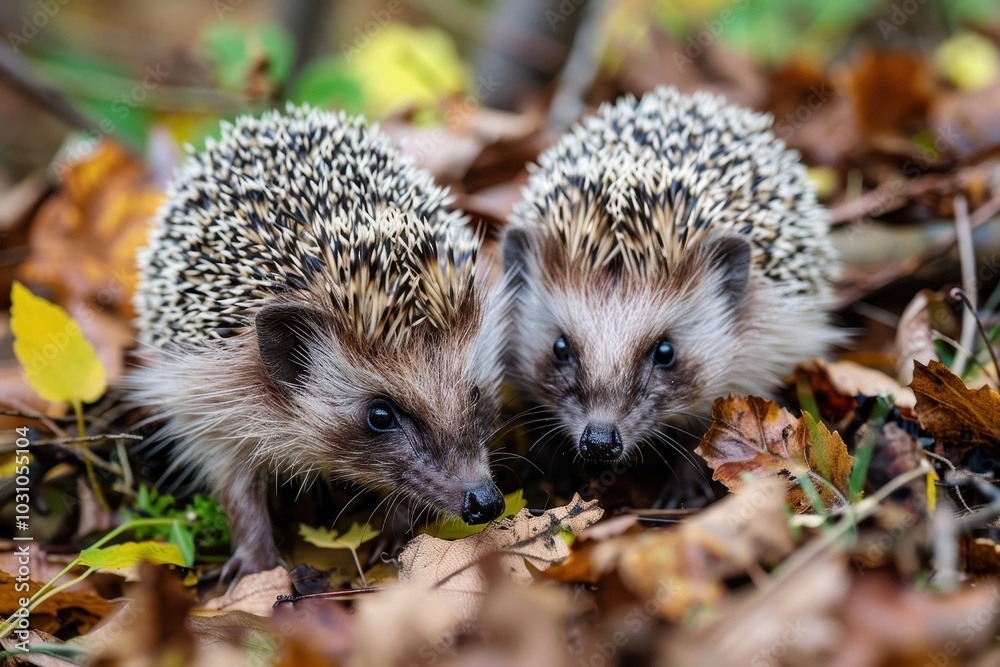 Poster two hedgehogs exploring a grassy area in the early morning light, surrounded by soft greenery and fa