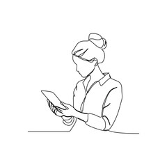 Continuous line drawing of a woman using a tablet. Business concept. Vector illustration
