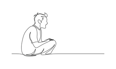 Continuous one line drawing of a young man sitting on the floor. Vector illustration