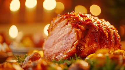 Succulent Glazed Ham Centerpiece on Thanksgiving Table with Festive Garnishes and Side Dishes, Bathed in Cinematic Light, Tempting Feast for Guests