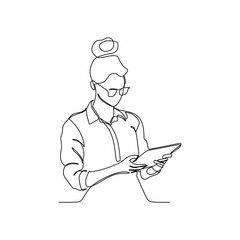 Continuous line drawing of a woman using a tablet. Business concept. Vector illustration