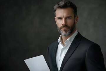 przystojny mężczyzna, adwokat, ciemny garnitur, biała koszula, profesjonalny portret, elegancja, minimalistyczne tło, struktura skóry, zarost, pewność siebie, dokumenty, korporacyjny wygląd, adwokat w