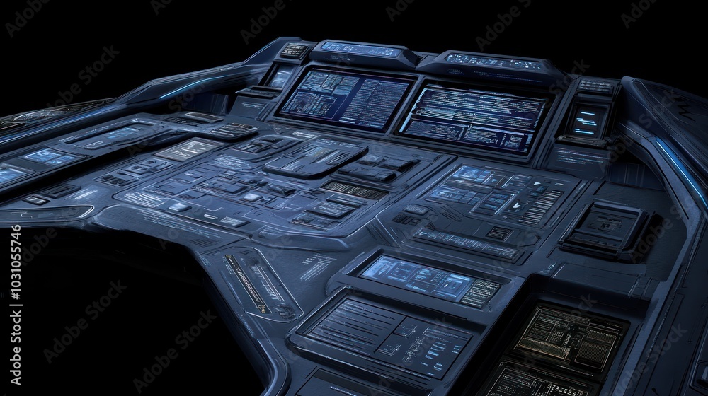 Poster Futuristic Spaceship Control Panel with Glowing Screens