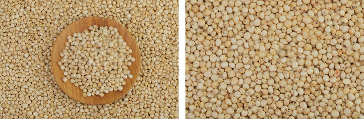background of sorghum seeds with wooden bowl. Top view. Flat lay.