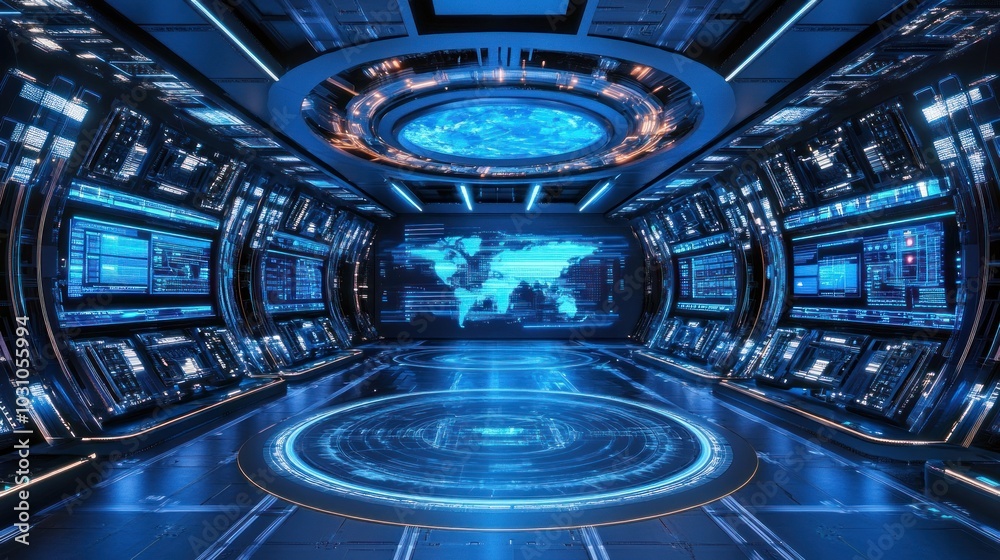 Poster Futuristic Interior with Blue Lights and Screens Displaying Data and a World Map