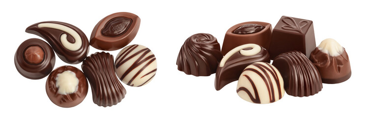 Chocolate candy isolated on white background with full depth of field. Top view. Flat lay.