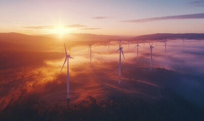 Obraz premium A breathtaking sunrise illuminates a vast wind farm, showcasing towering turbines generating renewable energy in the early morning light