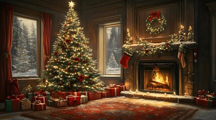  kartka świąteczna, klasyczna, choinka, dekoracje, ozdoby świąteczne, prezenty, kominek, święta, przytulne, nostalgiczne, tradycyjne, ciepłe kolory, styl wiktoriański, elegancki, ręcznie pisany, kartk