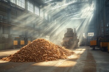 Sunlight filters through industrial windows in a wood processing facility with a large pile of sawdust and machinery