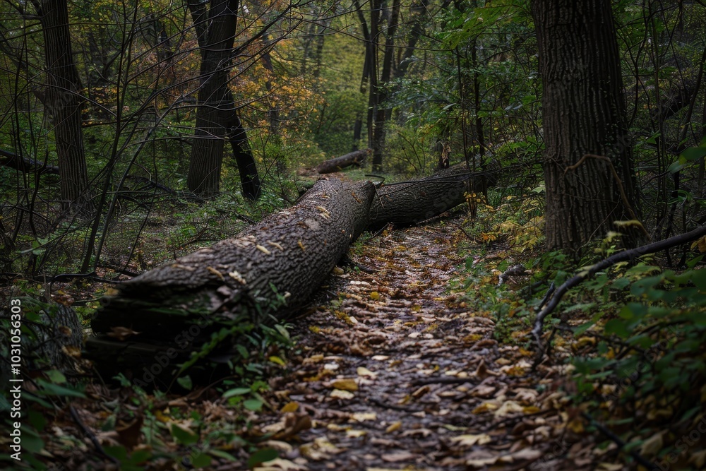 Poster a fallen tree lies across a winding path in a lush, green forest during the quiet hours of early mor