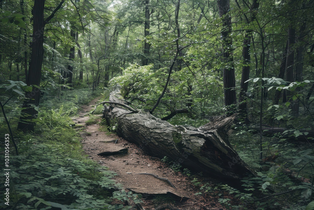 Poster a fallen tree lies across a winding path in a lush, green forest during the quiet hours of early mor
