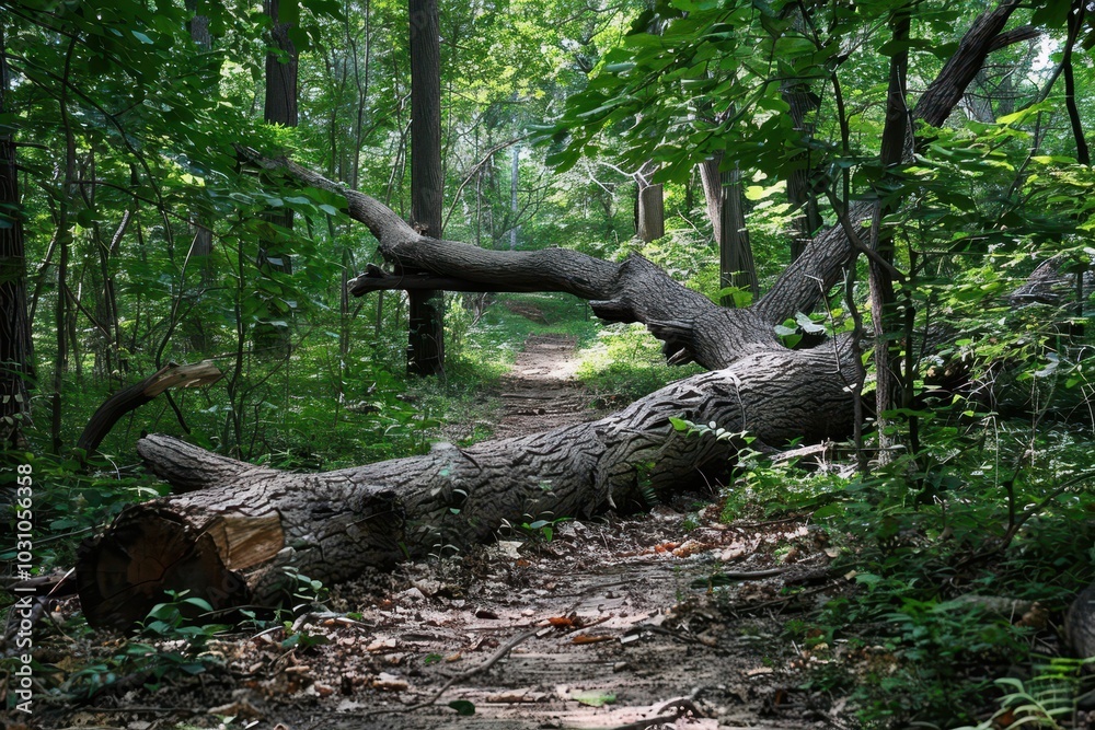 Poster a fallen tree lies across a winding path in a lush, green forest during the quiet hours of early mor