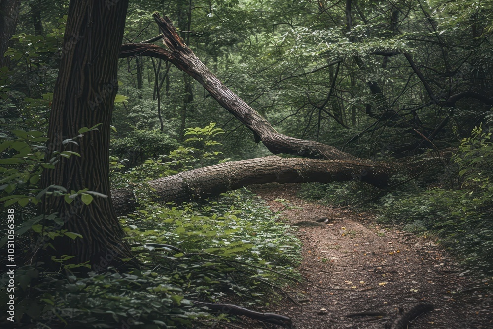 Poster a fallen tree lies across a winding path in a lush, green forest during the quiet hours of early mor