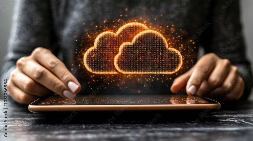 Poster person using tablet with cloud computing concept