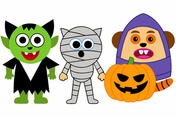 Halloween funny faces vampire monster werewolf and mummy. Vector illustration isolated on white background.