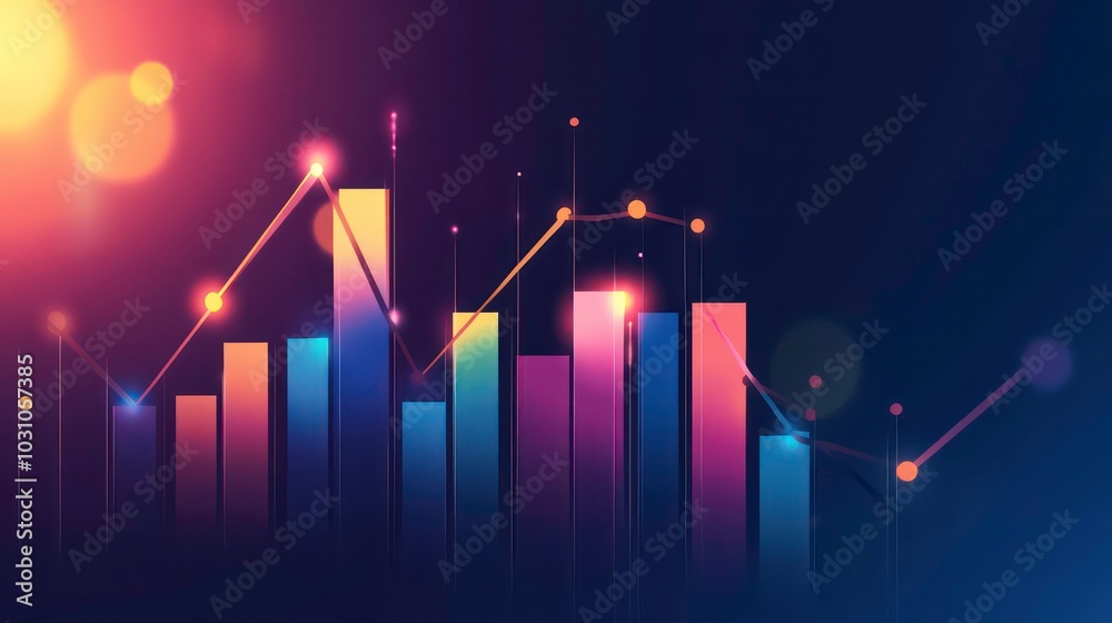 Wall mural abstract colorful bar graph with glowing lines representing growth on a dark blue background.