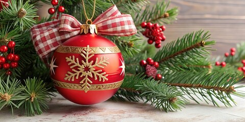 Festive red Christmas ornament hanging from a decorated evergreen branch with a checkered ribbon in winter setting