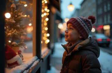  A cute baby stands at a Christmas window and dreams of gifts, looks at gifts through a store window, gifts for Christmas, a child looks at a New Year window