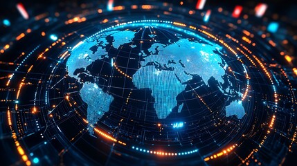 Obraz premium An overhead view of flags from different countries encircling a globe on a digital background, highlighting the connection of global economies through integration. 