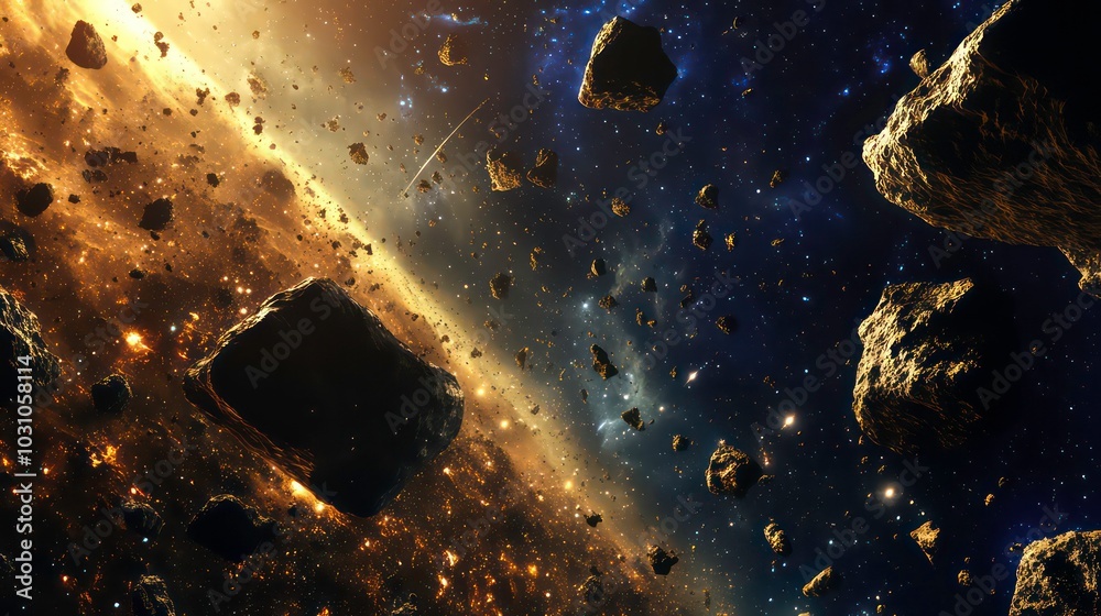 Wall mural a dramatic depiction of an asteroid belt with glowing debris in the foreground and a distant galaxy 