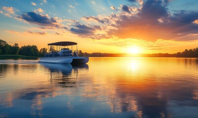 Naklejka premium A pontoon boat sailing on a lake with a stunning sunset, capturing the idyllic and peaceful nature of a quiet evening on the water, ideal for relaxation and reflectio