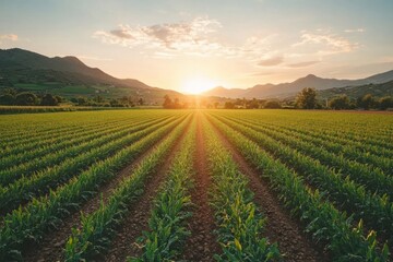 Sunset over a lush green field with rows of crops and distant mountains in the background at twilight