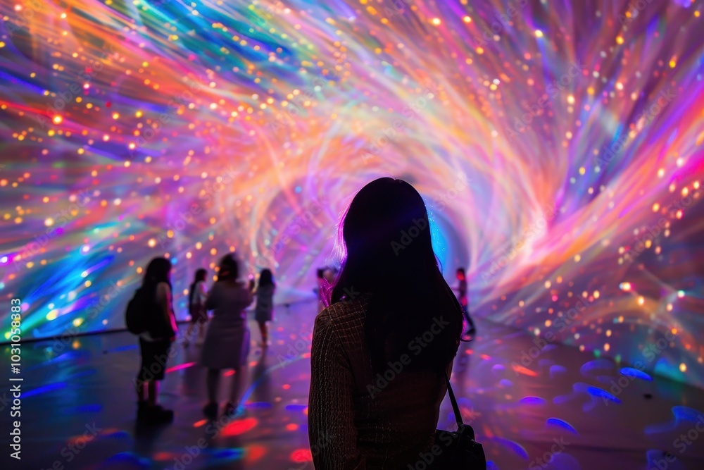 Aufkleber visitors admire a dazzling light display in an immersive art installation during an evening event pr