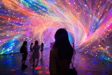 Visitors admire a dazzling light display in an immersive art installation during an evening event promoting creativity and imagination