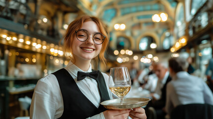 Waitress Serving in Large Hall