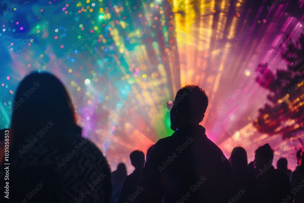 Poster Visitors admire a dazzling light display in an immersive art installation during an evening event promoting creativity and imagination
