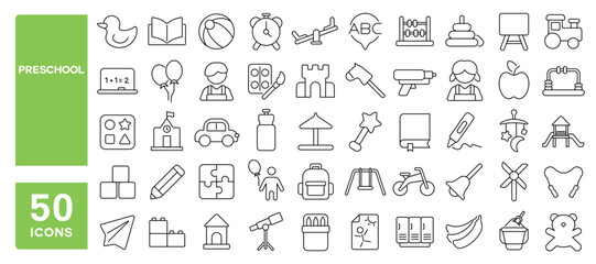 Set of 50 line icons related to preschool, child, kindergarten, kid, cognitive, learn, playground, classroom, daycare, Editable stroke. Vector illustration
