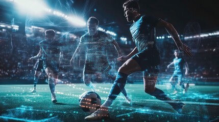A soccer player dribbles the ball with his teammates in the background, surrounded by digital effects.