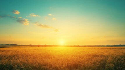 Obraz premium Golden Field at Sunset with a Silhouetted Tree Line
