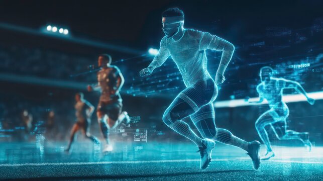 A soccer player dribbles the ball with his teammates in the background, surrounded by digital effects. - Powered by Adobe