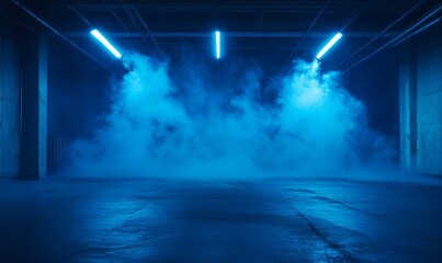 A dark empty street, dark blue background, an empty dark scene, neon light, spotlights The asphalt floor and studio room with smoke float up the interior texture. night view
