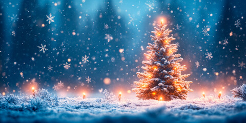 Obraz premium A glowing Christmas tree on a snowy blue landscape, ideal for holiday promotions, greeting cards, and seasonal campaigns. Suitable for retail, winter events, or Christmas-themed advertisements and dec