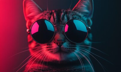 A cat wearing sunglasses with a blue and pink filter