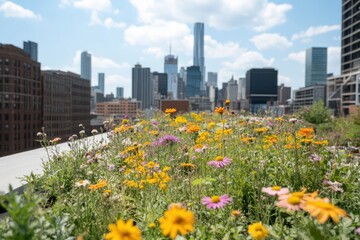 Colorful wildflowers bloom on a rooftop garden overlooking a bustling city skyline on a sunny day