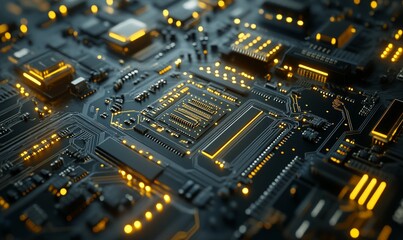 A closeup view reveals detailed circuitry on a microchip, enhanced by focused lighting, showcasing the advanced technology of modern electronics