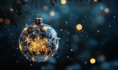 A glowing Christmas ornament made of intricate snowflakes and golden lights, suspended in the air against a dark, snowy winter night