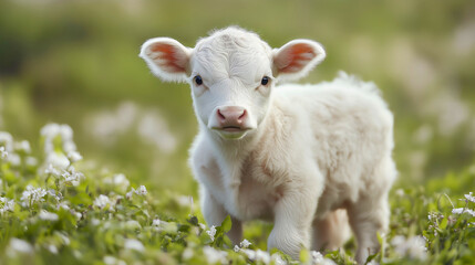 Fototapeta premium White baby cow grazing on rural farm pasture with green grass, calf exploring agricultural landscape as livestock roams the countryside meadow, young animal in nature's field