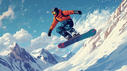 Snowboarder wearing an orange jacket performing a jump on a snowy mountain slope with clear blue skies. Digital illustration of winter sports action.
