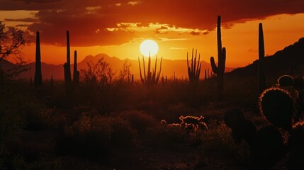 A vibrant sunset casts a warm glow over a desert landscape, with silhouetted cacti standing tall against the fiery sky.