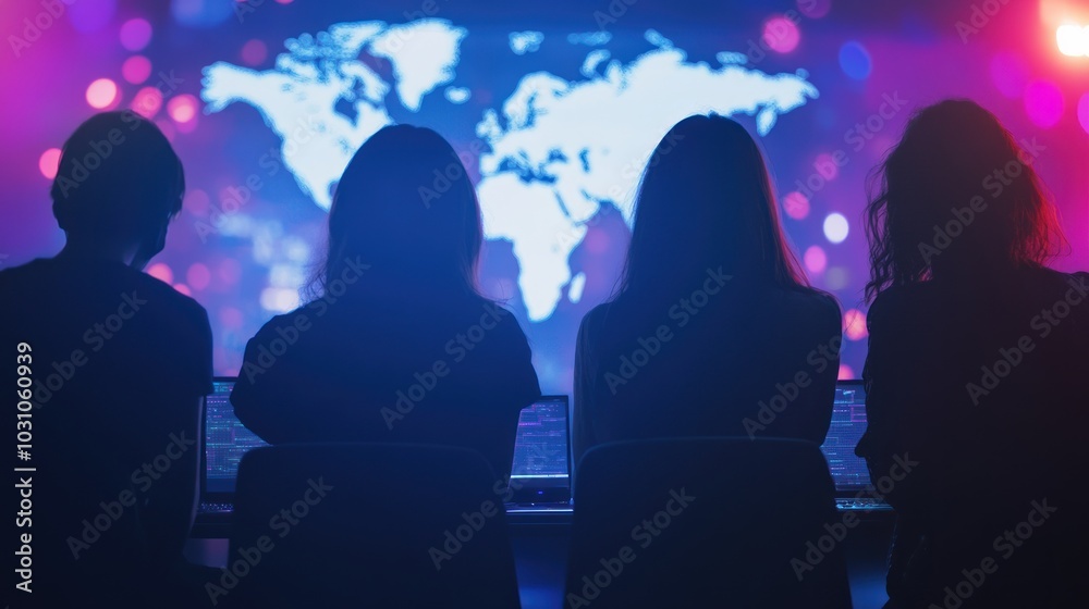 Poster Silhouettes of Four People in Front of a World Map with Computer Screens