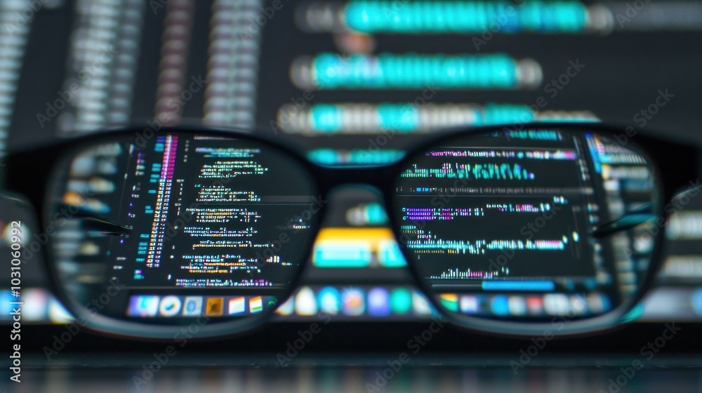 Poster code on laptop screen viewed through glasses