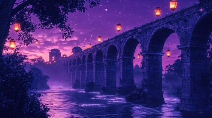 Twilight scene with aqueduct lit by lanterns water reflects soft glow under starry sky