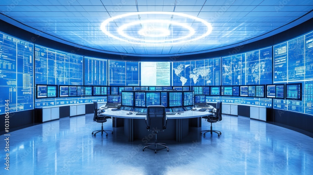 Aufkleber Futuristic Command Center with Monitors Displaying Data and a World Map