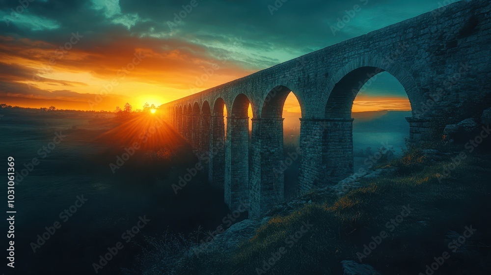 Wall mural sunrise over aqueduct golden light illuminating arches while shadows stretch across land