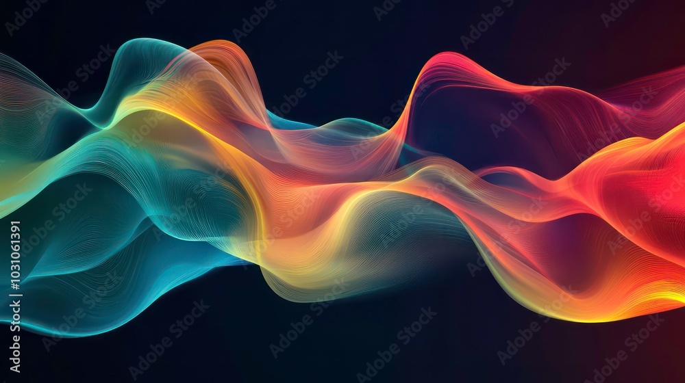 Poster abstract colorful wave-like design with a dark background.